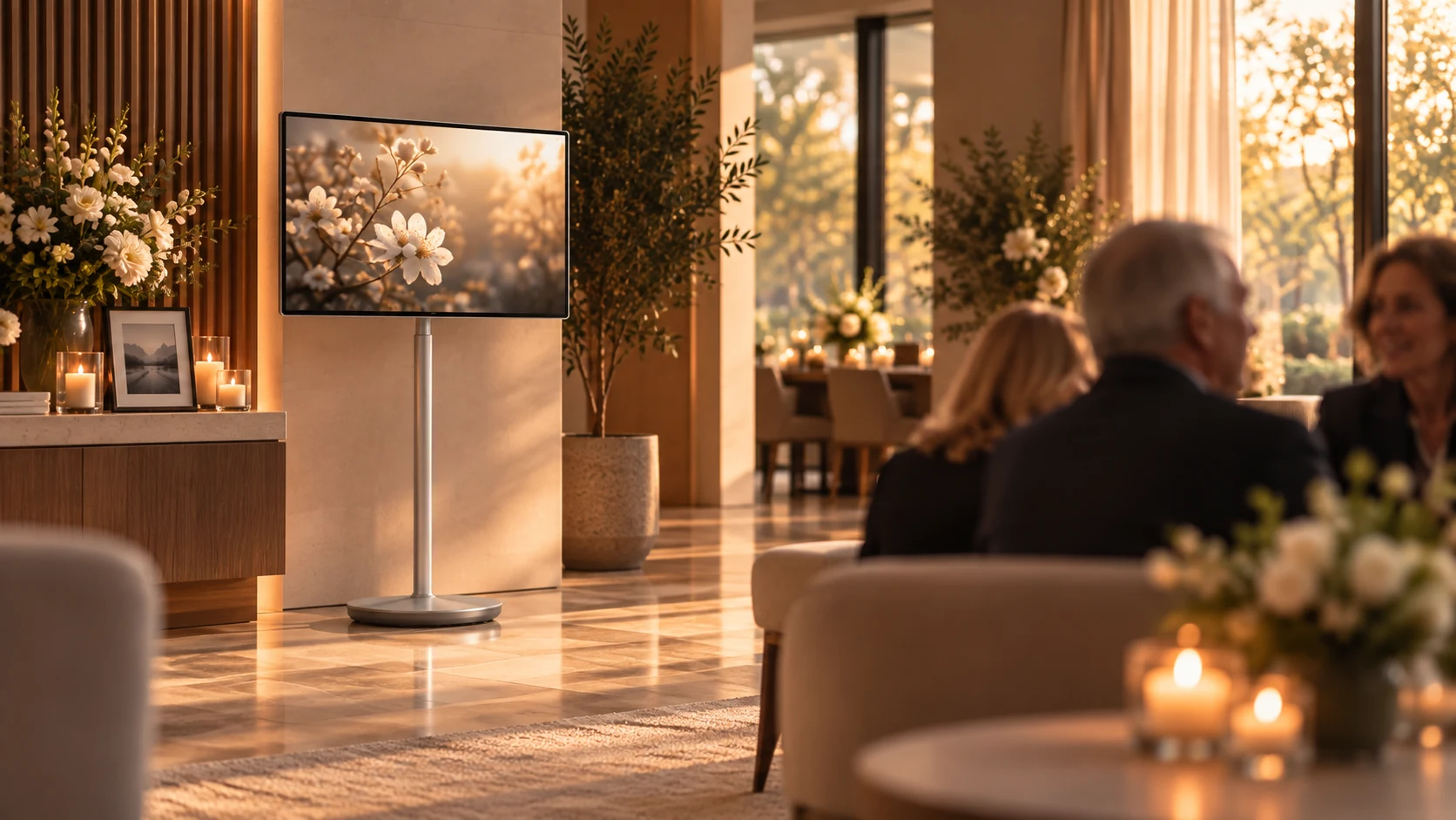 Smart Display Titanium 32 in een warme ontvangstruimte voor een herdenking