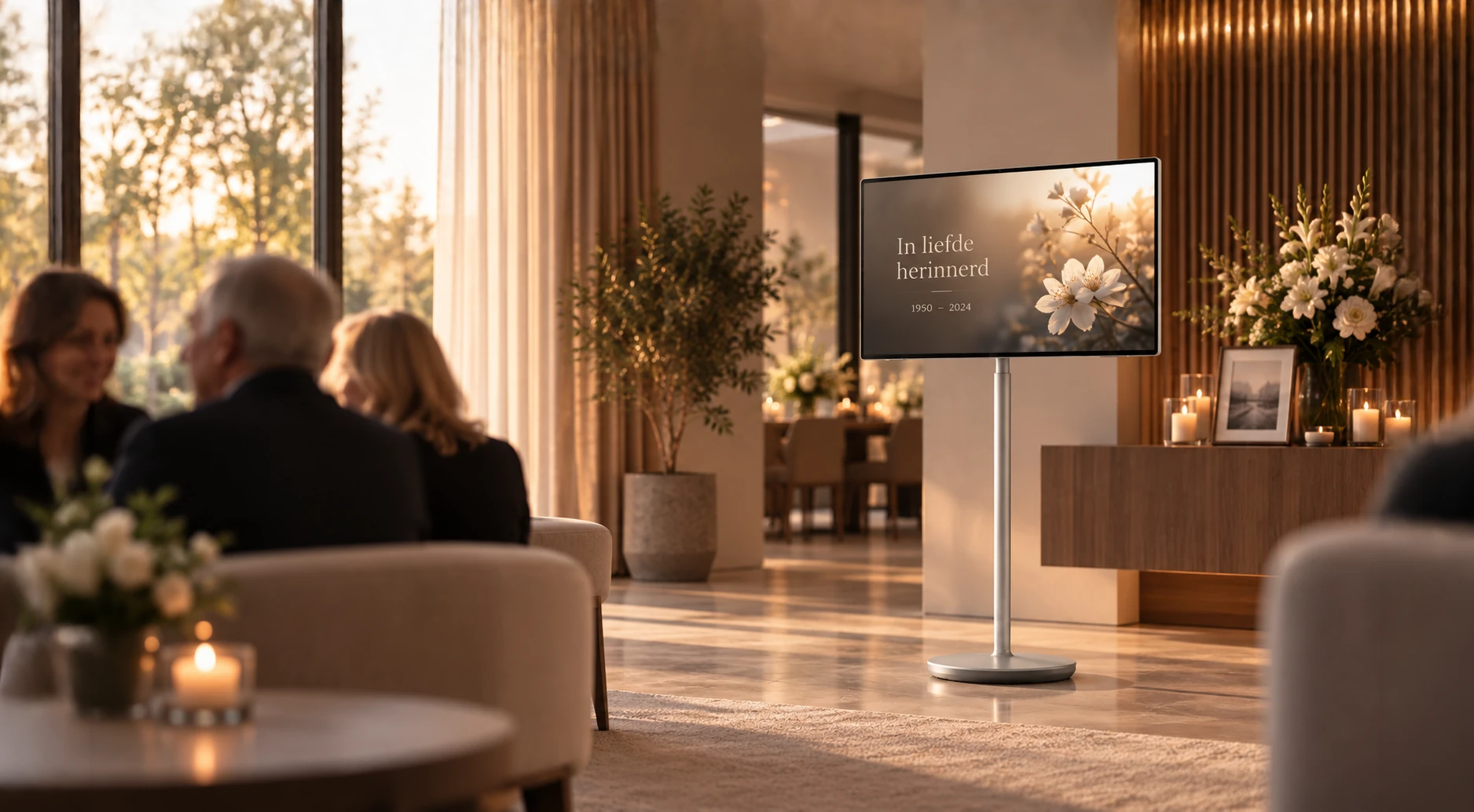 Smart Display Titanium 32 in een warme ruimte voor uitvaart en ceremonies