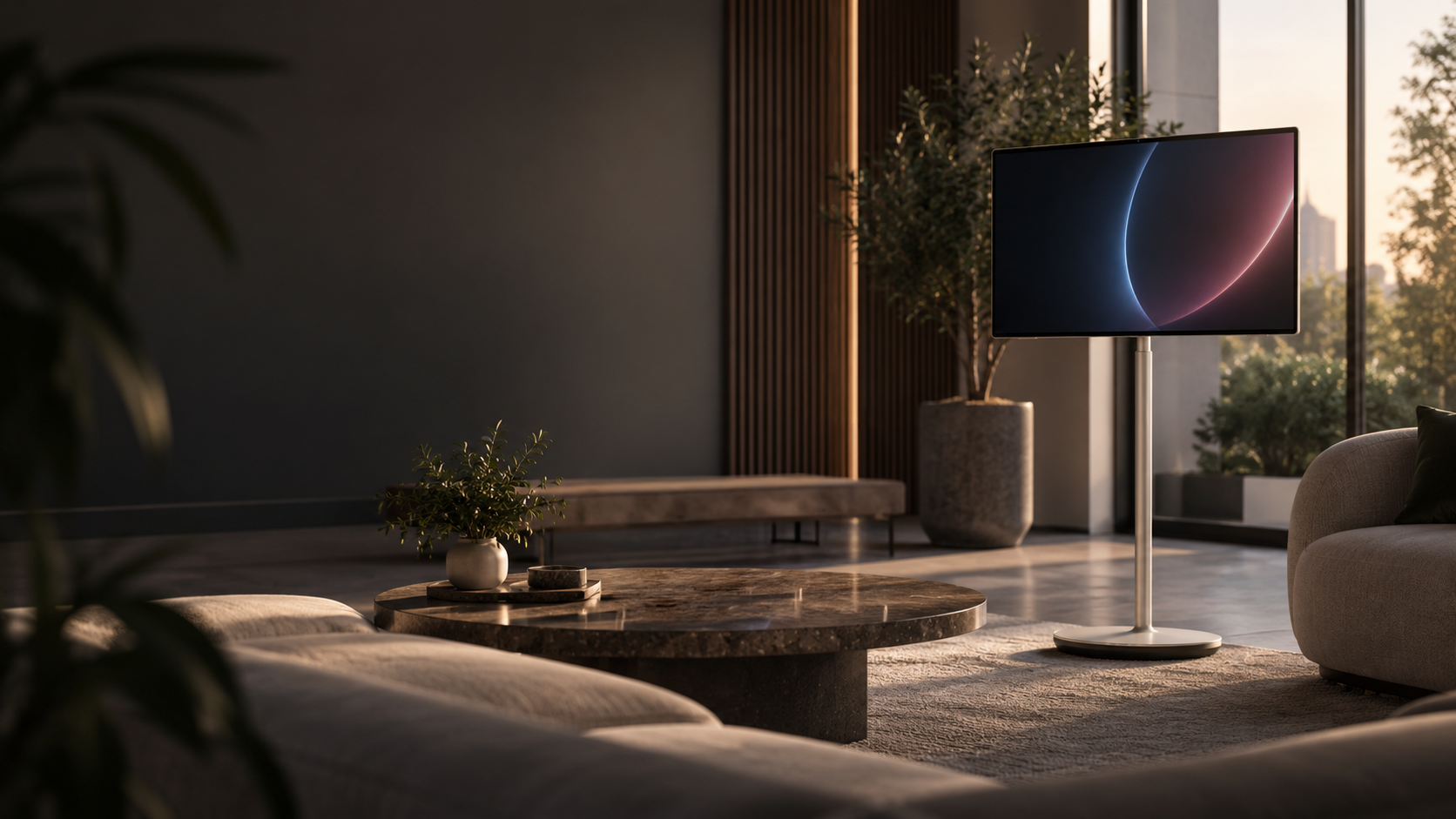 Titanium 32 volledig zichtbaar met standaard in een modern interieur