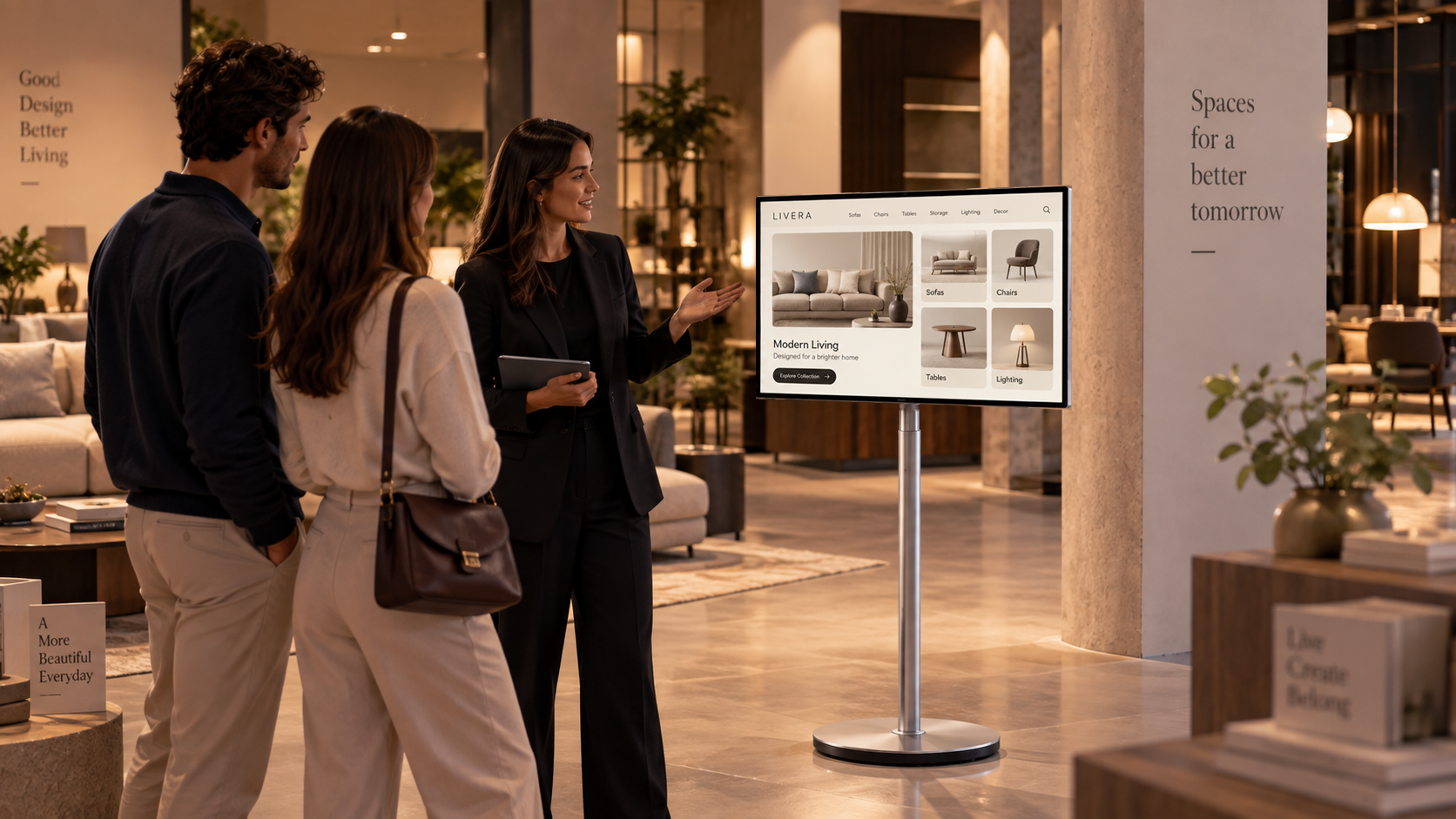 Een medewerker toont een productervaring op een interactief display